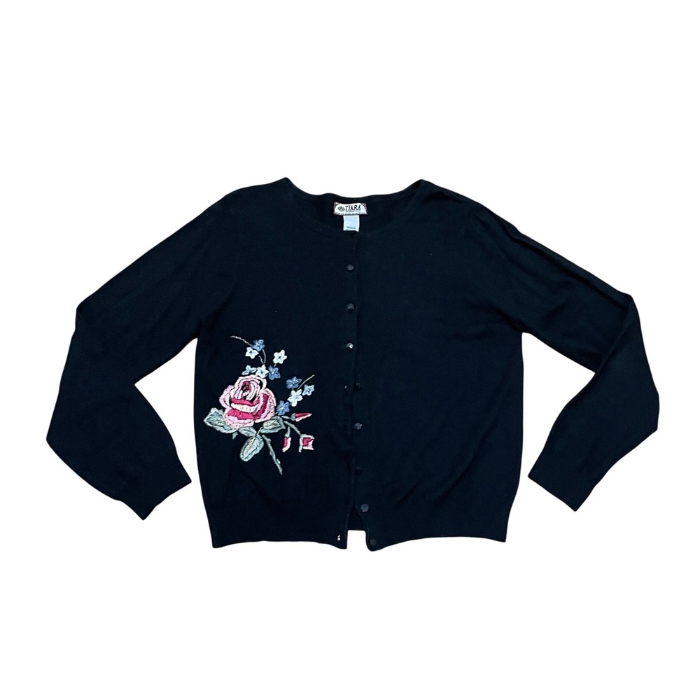 Tiara International Medium Black Floral Embroidered Beaded Cottage Cardigan NWOT